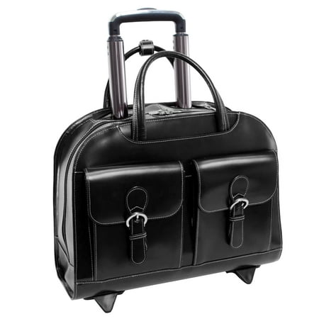McKlein DAVIS, Wheeled Ladies' Laptop Briefcase, Top Grain Cowhide Leather with Faux Leather Trim, Black