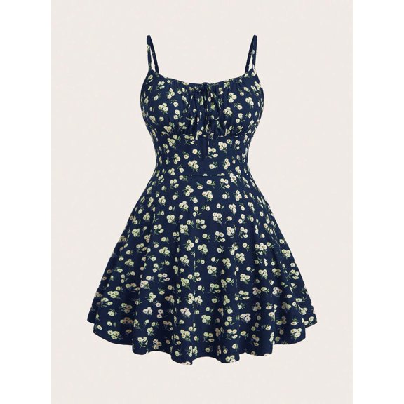Navy Blue Floral Print Fit & Flare Mini Dress With Spaghetti Straps And Tie Front