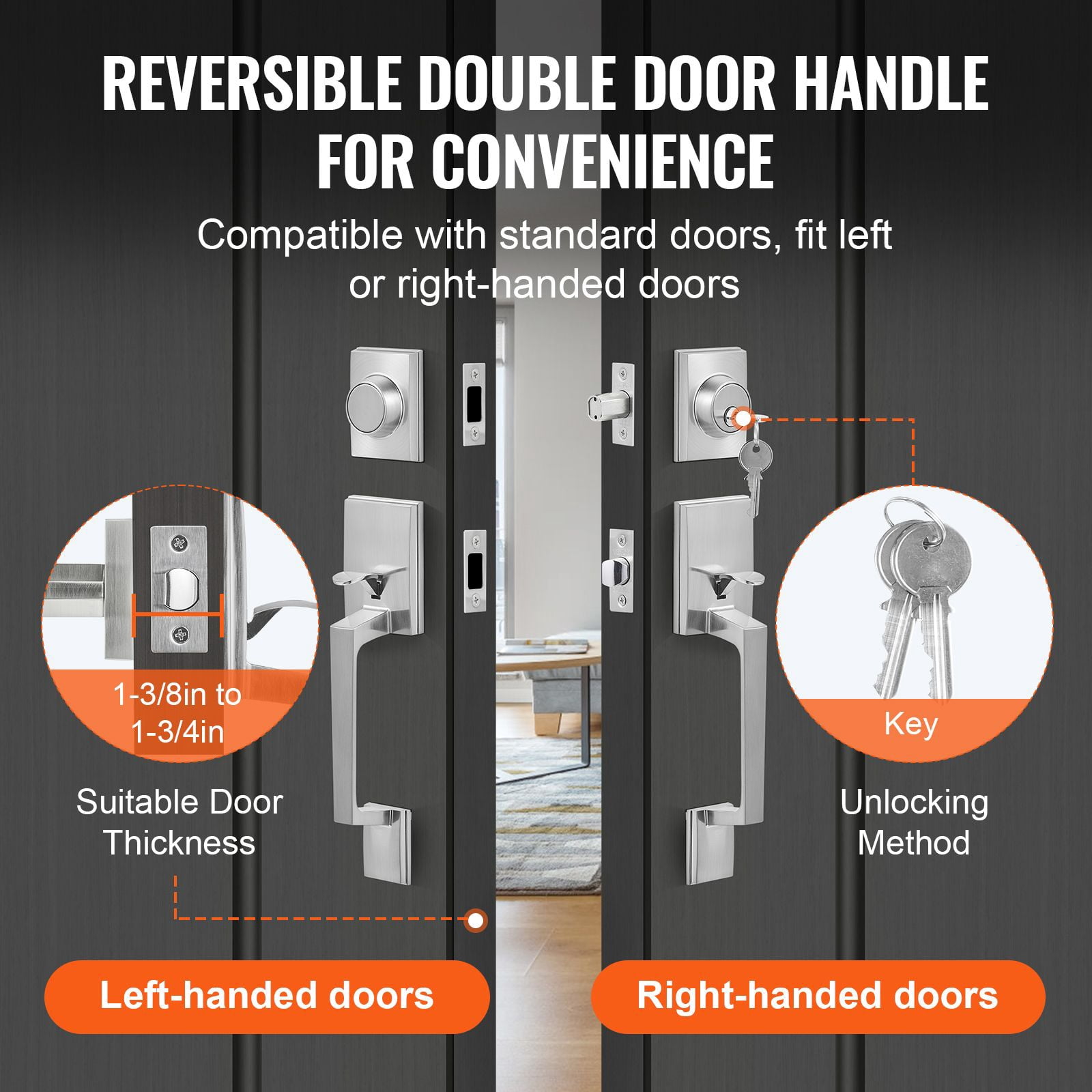 Adjustable Double Door Handle Set with Zinc Alloy Die-Cast, Reversible, 1-3/8 to 1-3/4" Door Thickness, for Front Door Office Door