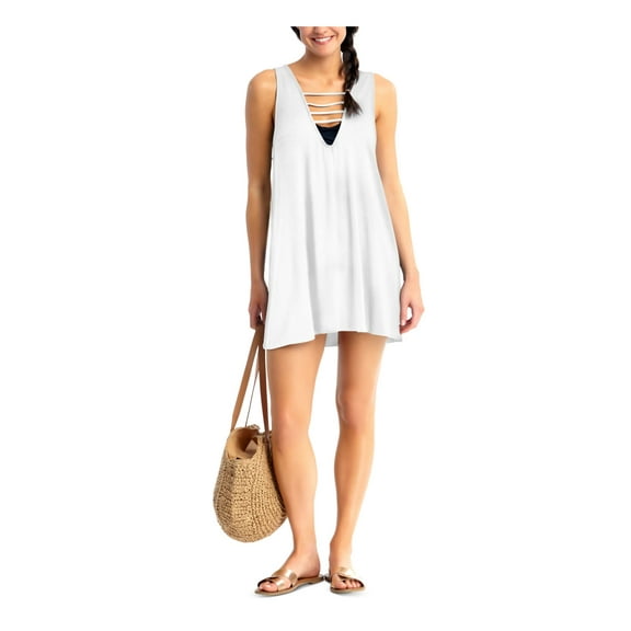 California Waves Women's White Stretch Pullover Strappy Deep V Neck Swimsuit Cover Up M