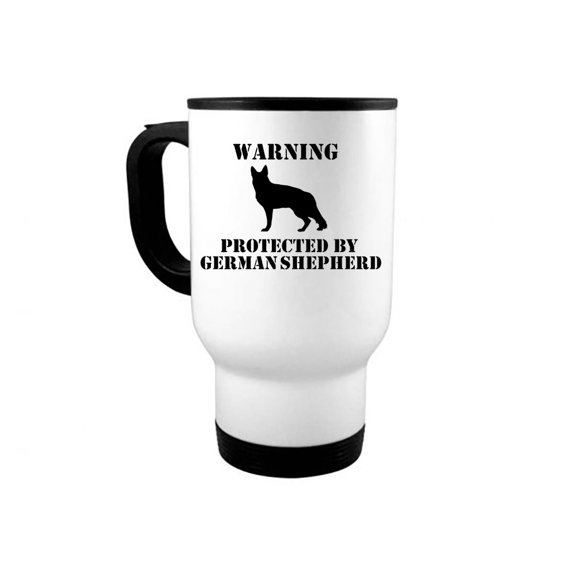 German Shepherd Mug, Warning Protected By German Shepherd, 14oz Travel Mug, K-9 Mug, German Shepherd Gift, Dog Mom, Dog Dad, Police Dog, White