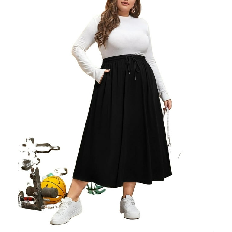 Casual Plain A Line Skirt Black Plus Size Skirts