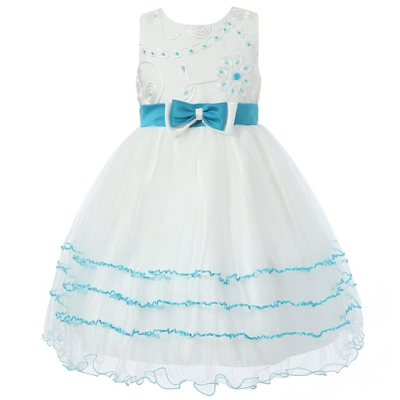 Girls White Blue Floral Embroidered Layered Dress 11/12