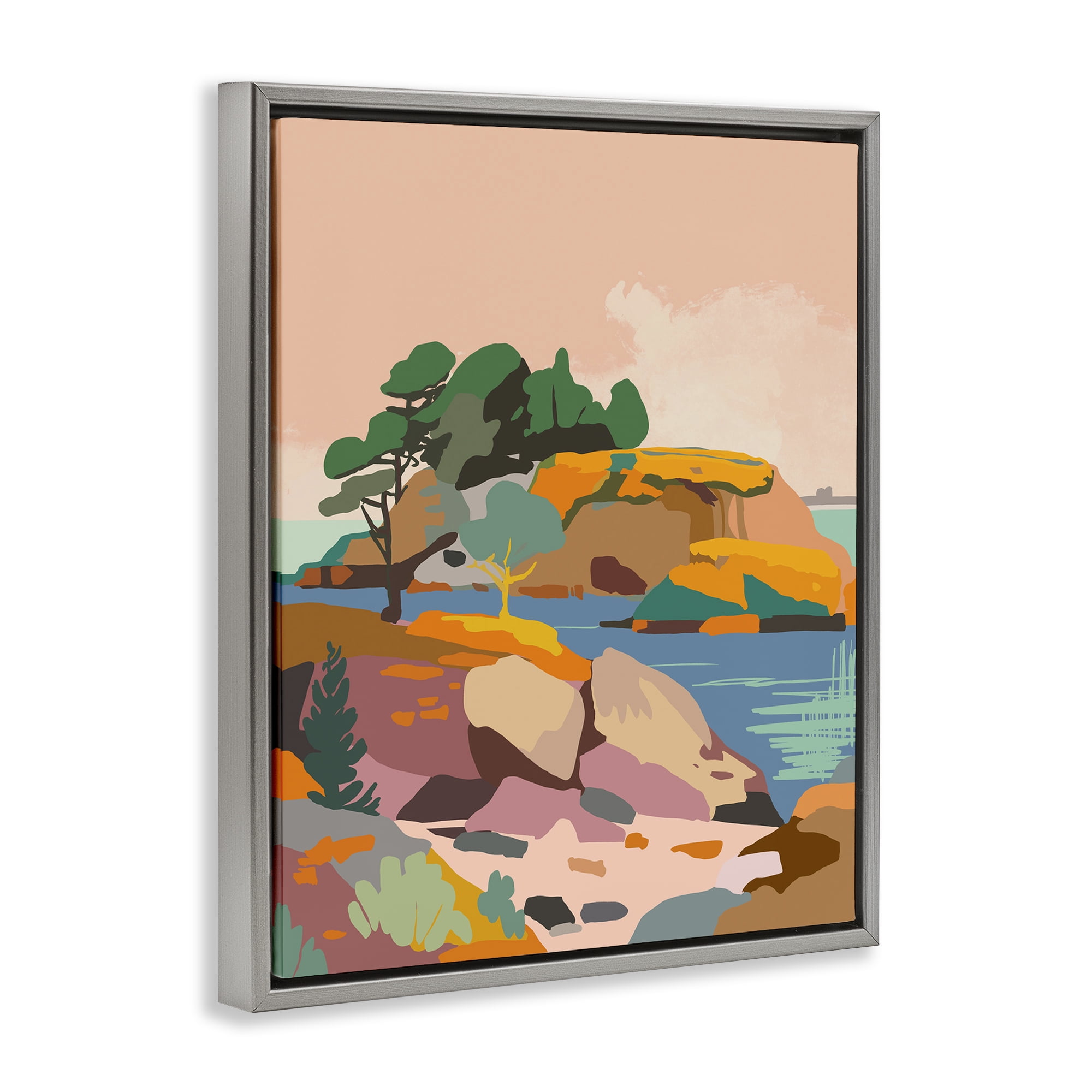 Stupell Industries Abstract Lake & Cliffs Landscape Painting Gray Floater Framed Art Print Wall Art, 25 x 31