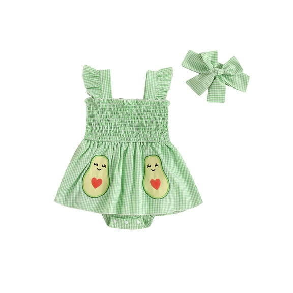 Baby Toddler Girl Plaid Romper Dress 3 6 12 18 Months Avocado Smocked Fly Sleeve Bodysuit with Headband 2 Pcs Summer Outfit