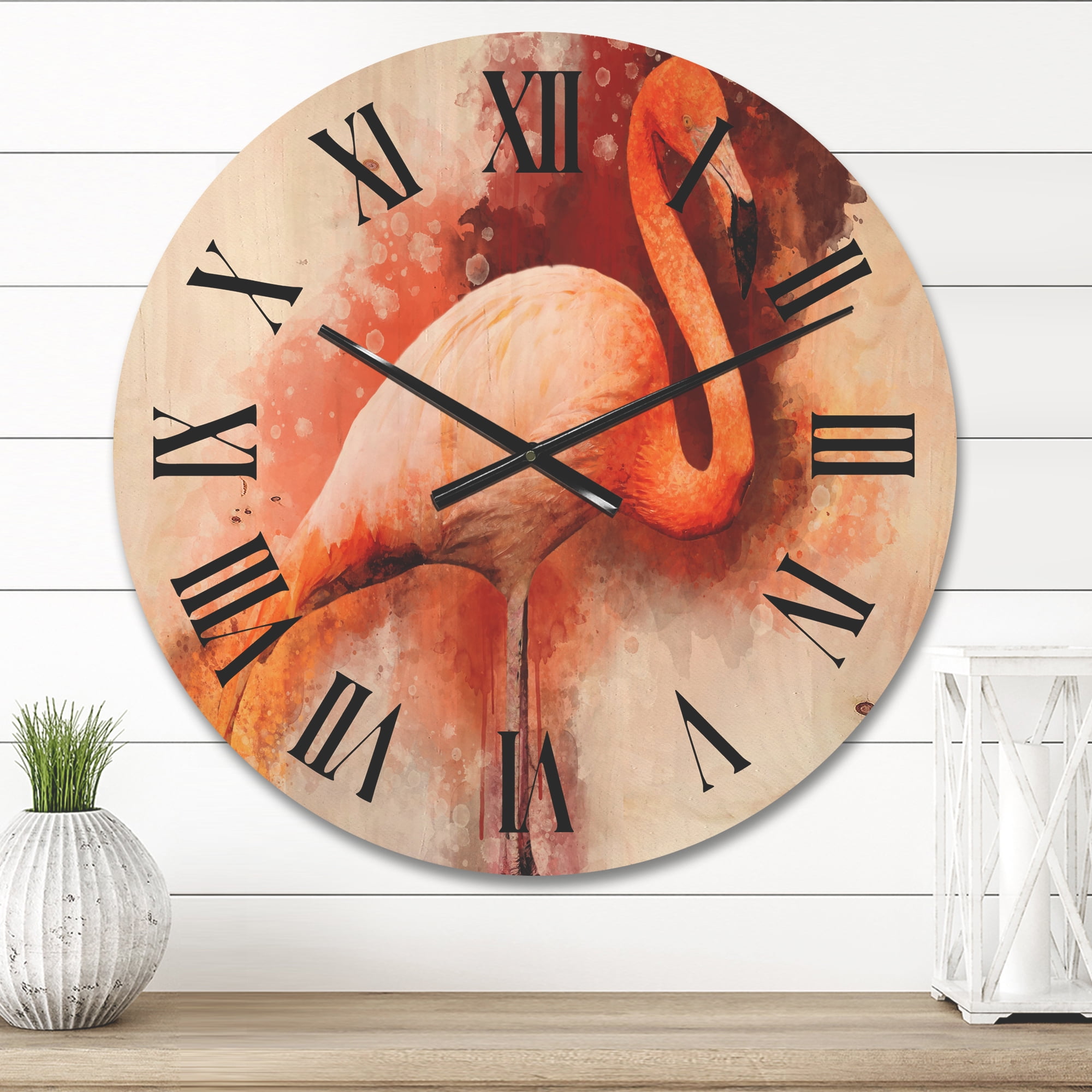 Designart 'Abstract Portrait of Pink Flamingo II' Farmhouse Wood Wall Clock