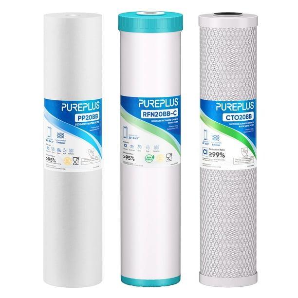 Filtro de Agua PUREPLUS 4,5"x20" de 3 Etapas con Sedimentos, Carbón Activado Granulado y Bloque de Carbón