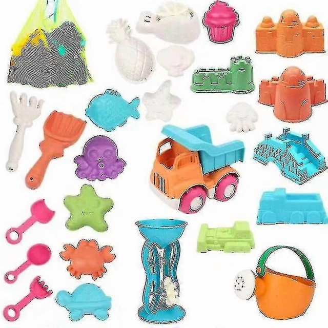 25 Pieces Beach Sand Toys Set With Mesh Bag Including Bucket, Car, Shovels, Rakes, Watering Can, Mol