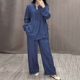thumbnail image 2 of UVEASISHA Cotton Linen Sets for Women Plus Size Loose Comfy Lounge Set Long Sleeve Button Down Shirts and Wide Leg Pants Matching Loungewear Sets Dark Blue L, 2 of 7