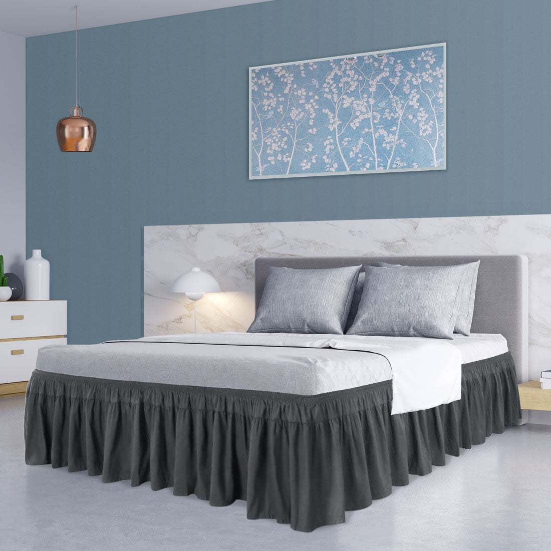 PiccoCasa 1Pcs Polyester Brushed Bed Skirt Elastic Dust Ruffles 16 Inch Drop King Dark Gray