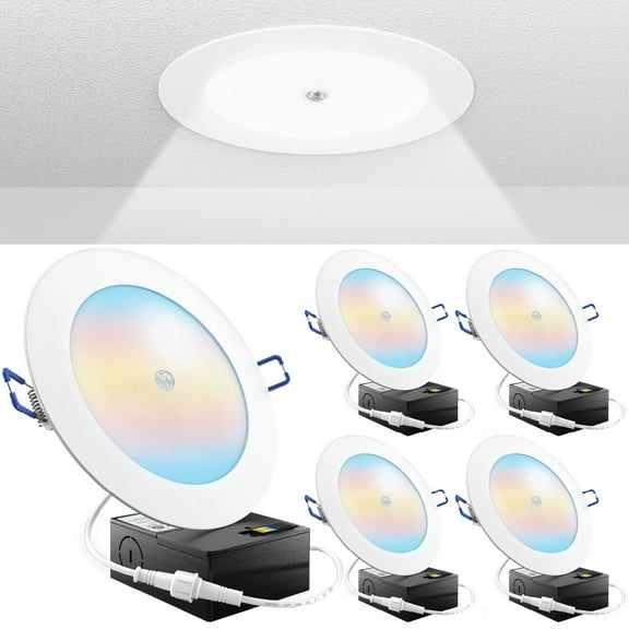 Sunco Motion Sensor Recessed Light 6 Inch LED, Slim Downlight with Junction Box, 1200 Lumens, Selectable CCT 2700K/3000K/4000K/5000K/6000K, Dimmable, 12W UL/ETL 4 Pack