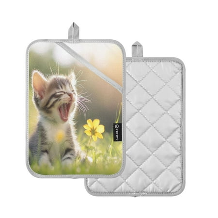 

2-Pack Pot Holders Heat Resistant Kitchen Oven Mitts 7x9.8in for Oven Microwave & BBQ Cat in The Grass