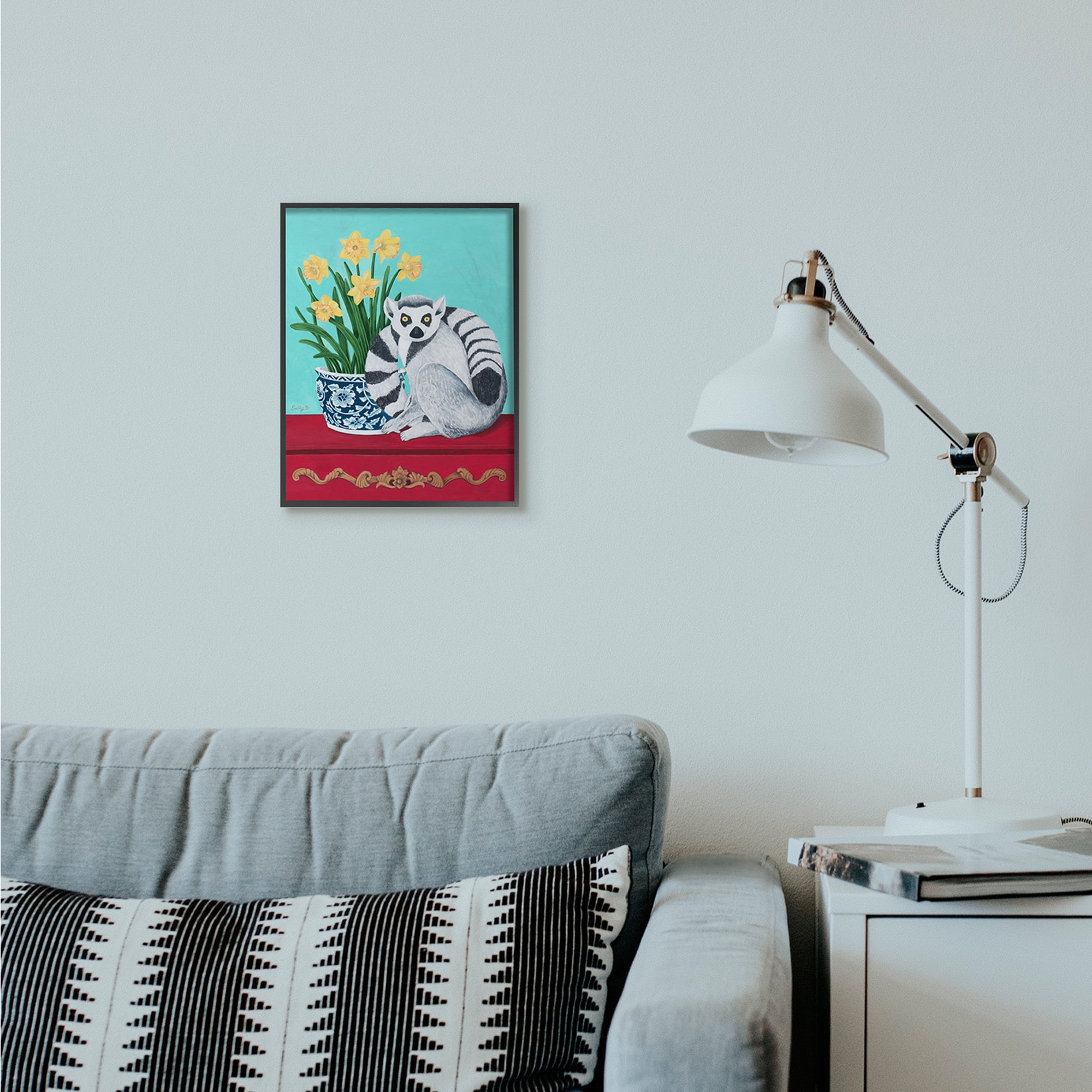 Stupell Industries Lemur and Daffodil Flower Vase Blue Red Animal Painting Black Framed Art Print Wall Art, 11x14, by Sally B