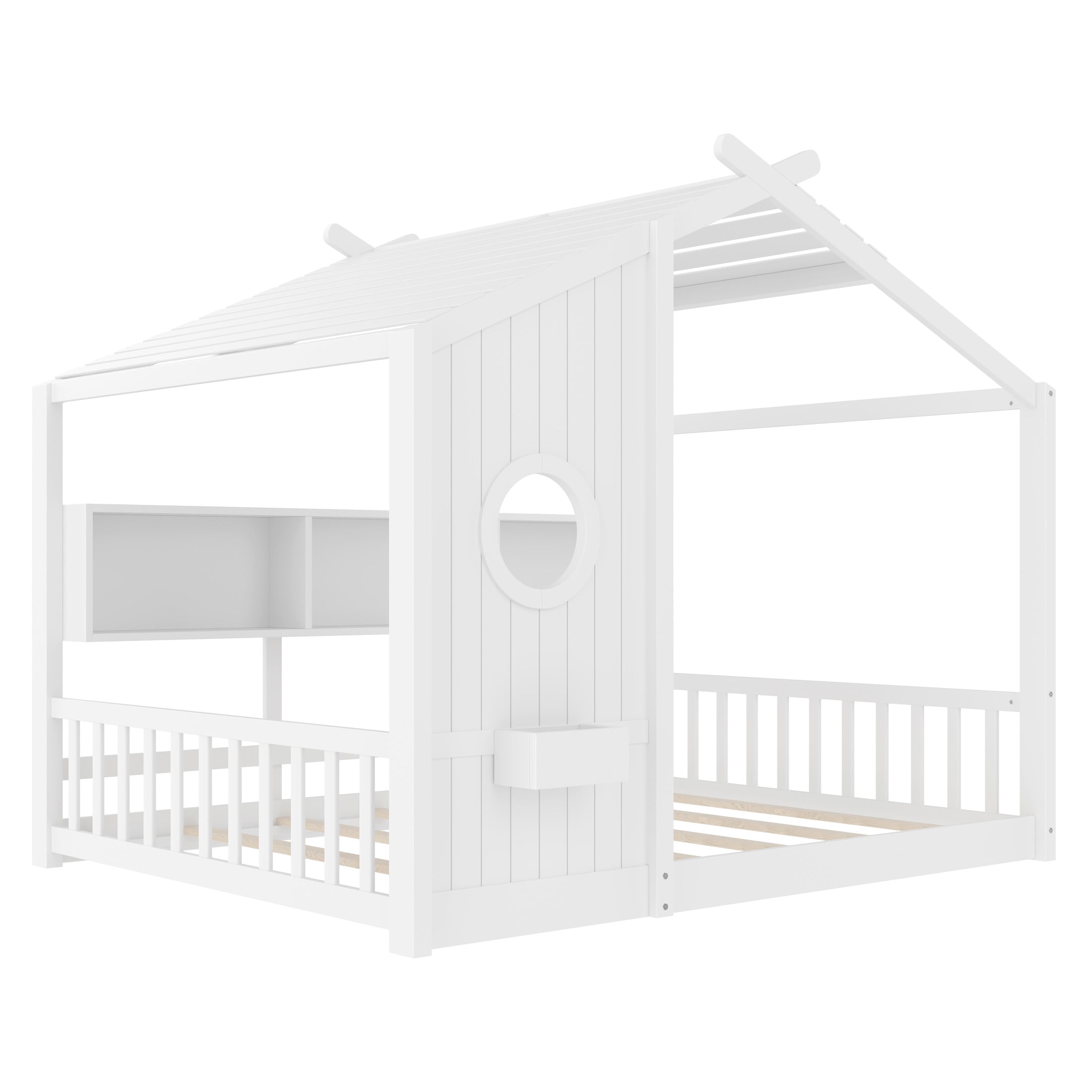 Noble House Full Size Floor House Bed for Toddlers,Playhouse Bed with Built-in Storage Shelf and Roof Design,White