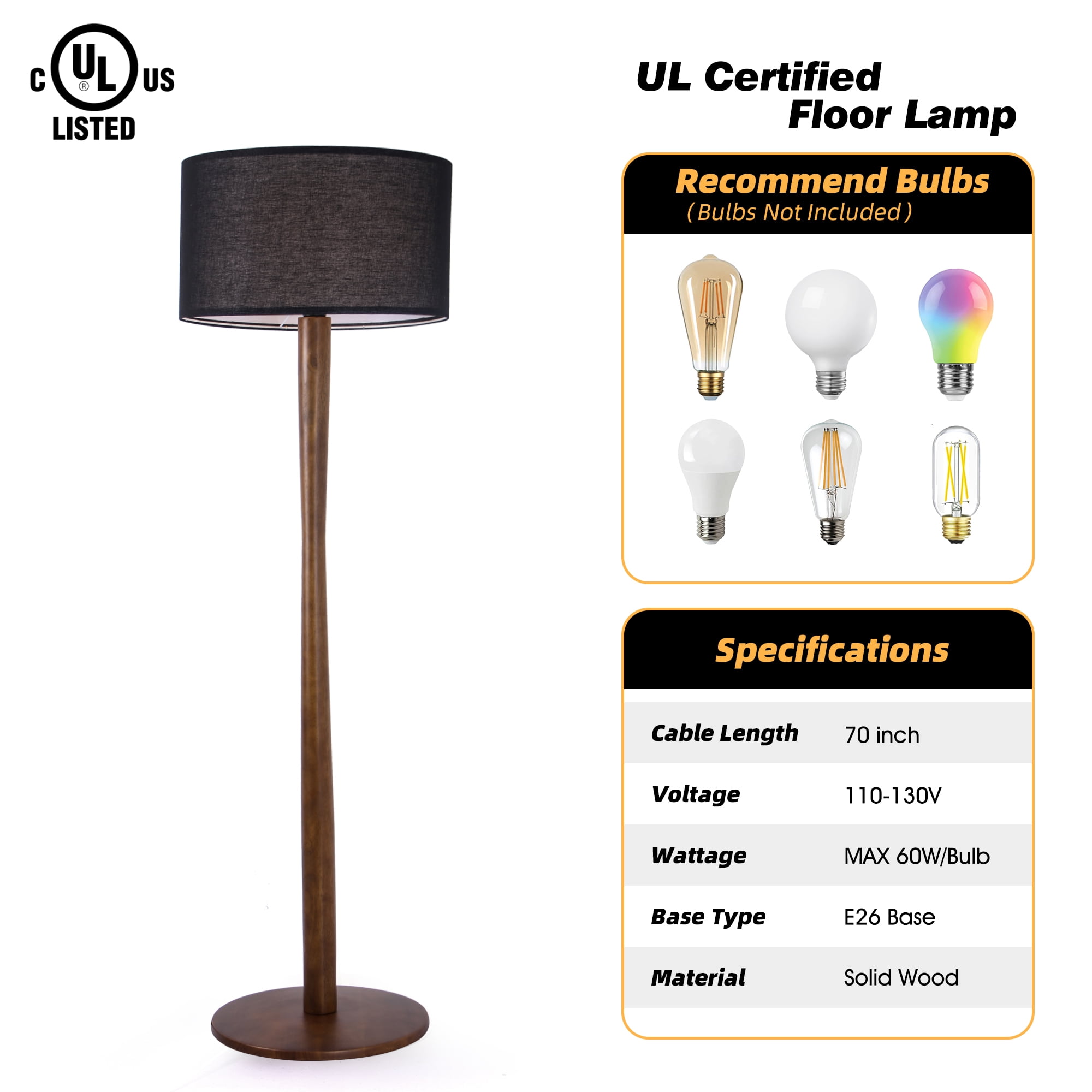 Lxmons 61'' Walnut Wood Floor Lamp, Modern Standing Lamp with Foot Switch for Living Room, Bedroom, Office, Black