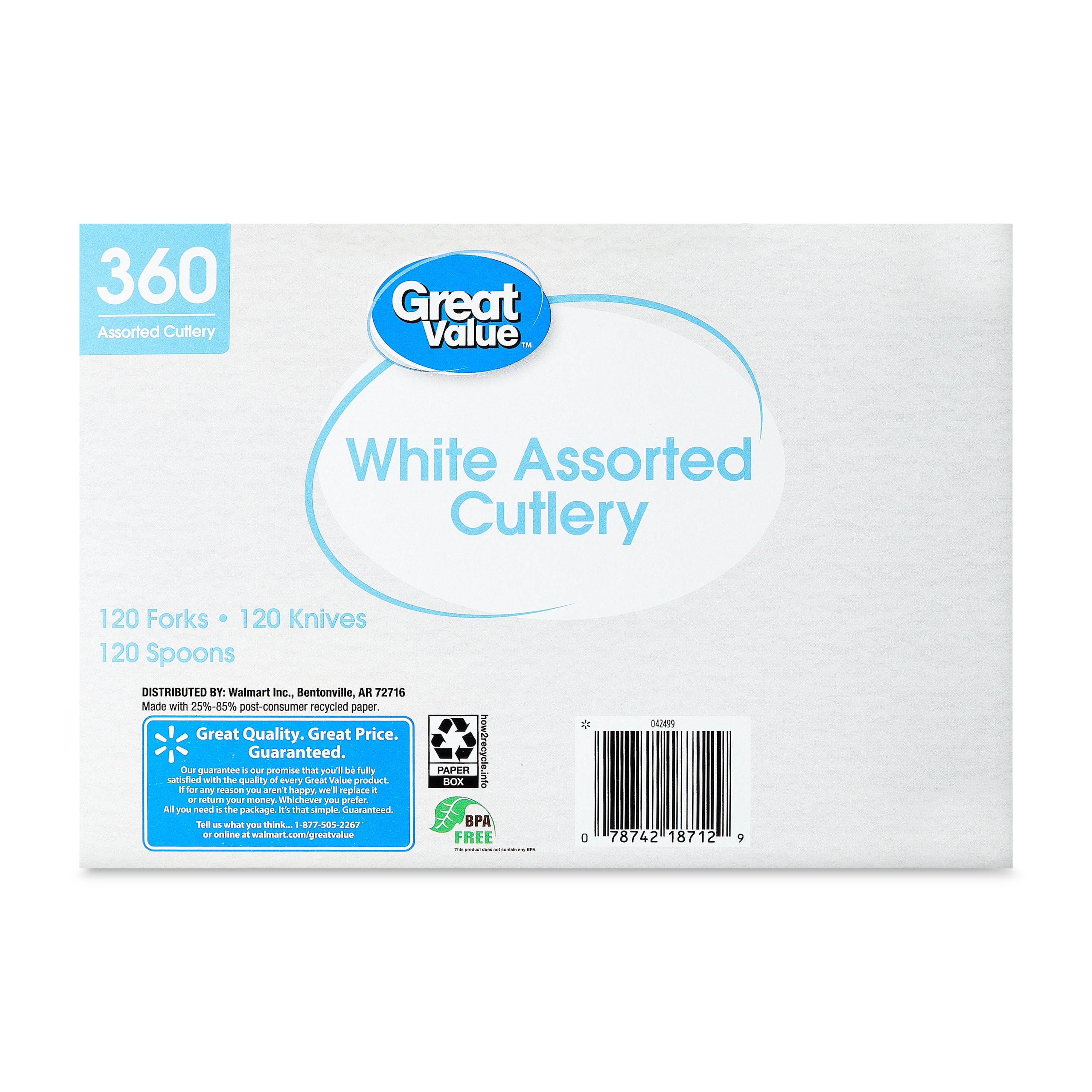 Great Value Everyday Assorted White Plastic Cutlery, 360 Count
