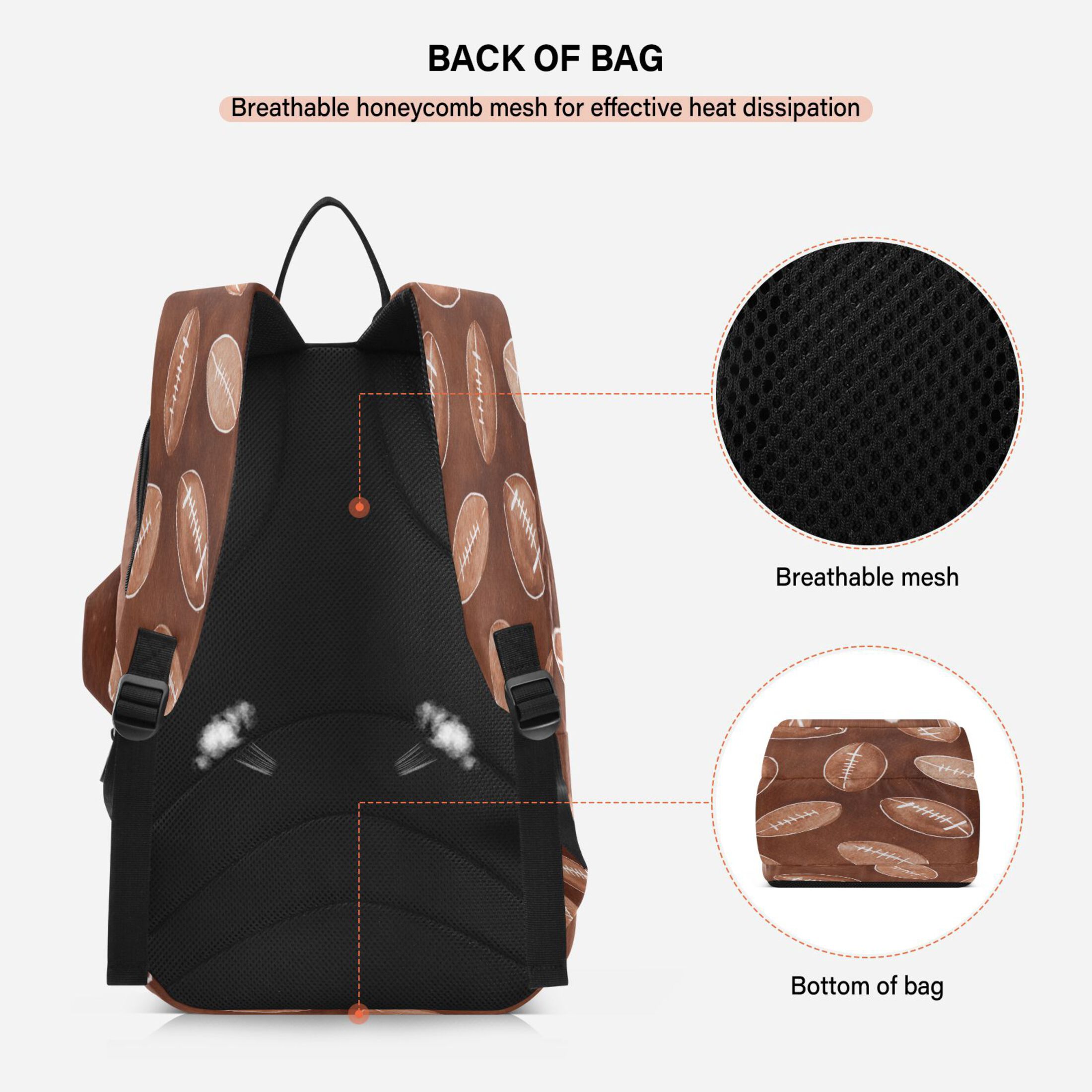 2 Racquet Holder Tennis Backpack Tennis Racket Covers Gym Bags Brown Rugby Balls Pattern