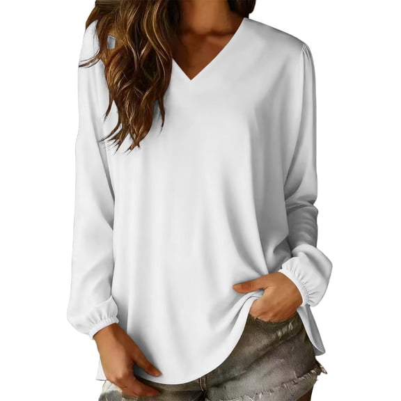 YUGYXL Women Long Sleeve Shirts Trendy Casual Dressy V Neck Loose Fit Summer Fall Tunic Clothes White Sweatshirt S