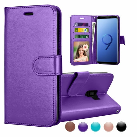Samsung Galaxy S9 Plus Case, Galaxy S9 Plus Wallet Case, S9+ Pu leather Cover, Njjex Buit in 3 Card Slot PU Leather Magnetic Protective Cover with Photo Window and Wrist Strap Wallet Cases