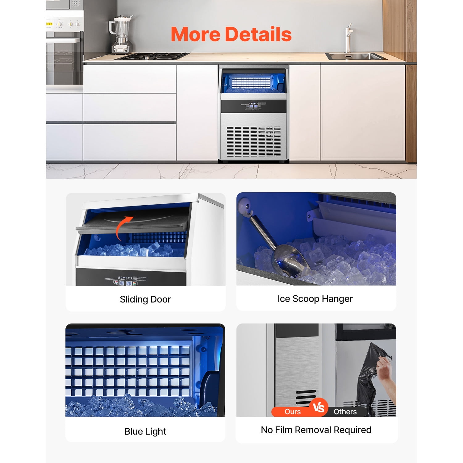 KFFKFF 160lbs/24H Commercial Ice Maker Machine Stainless Steel with 66lbs 80 Cubes Under Counter ice Machine 27.56 in W, 39.76 in H with Auto Clean
