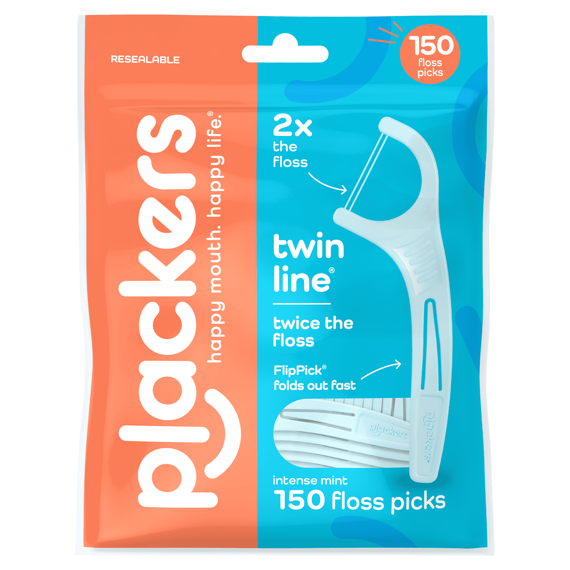 Plackers® Twin Line® Floss Picks with Tuffloss® Fiber & FlipPick®, Intense Mint, Double-Line Flosser for Effective Plaque Removal, 150 Count