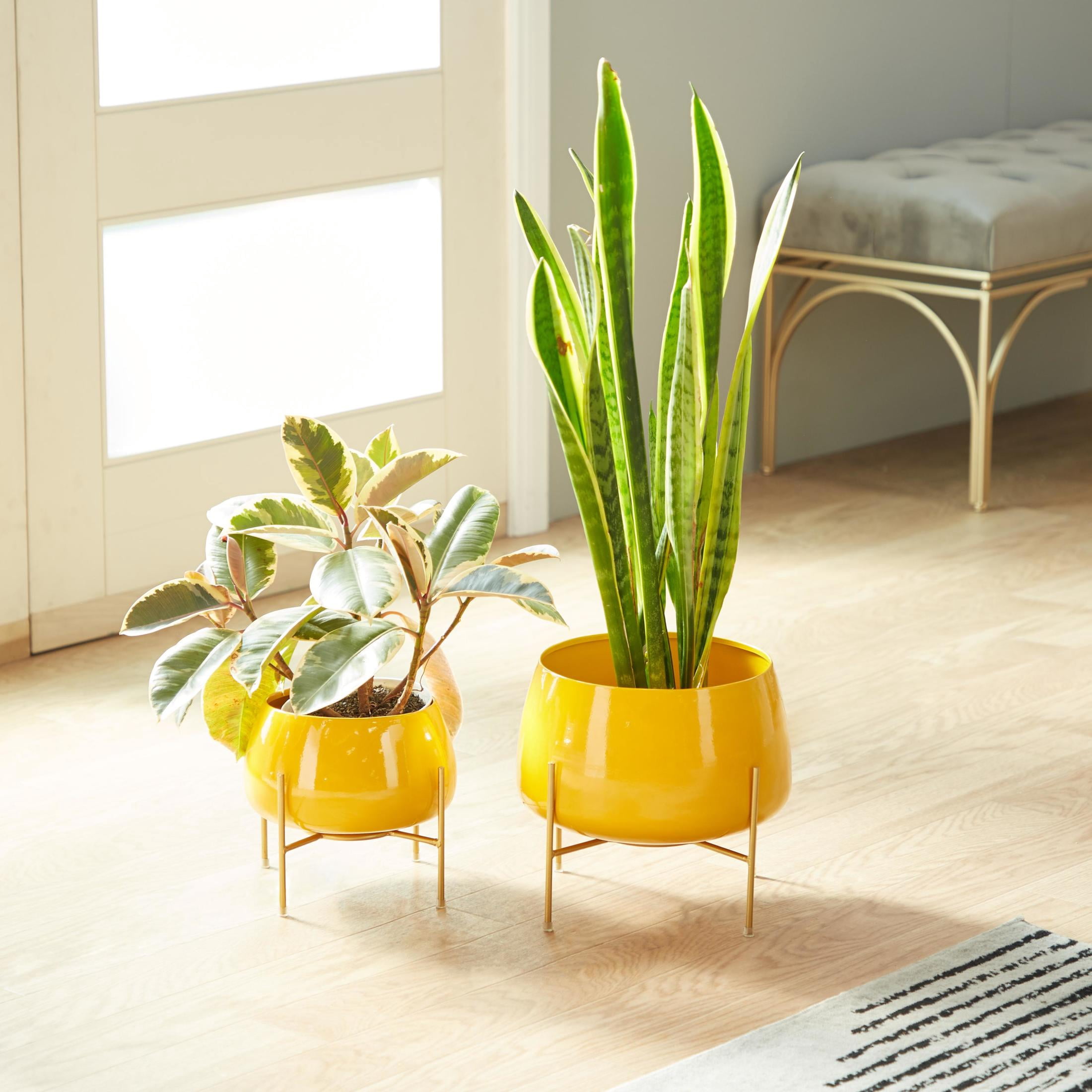 DecMode Modern Metal Bowl Shape Planter with Yellow Golssy Finish, Set of 2 8", 10"H