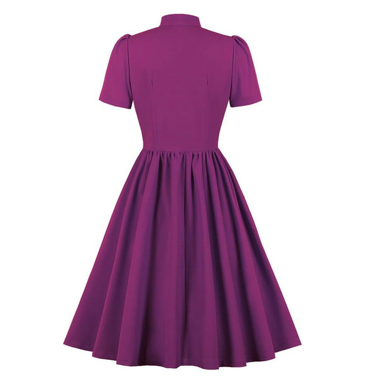 Vintage Tea Party Dress for Women Elegant 50s Bowknot Collar Buttons Short Sleeve Retro Swing Cocktail Midi Dress (Medium, Purple)
