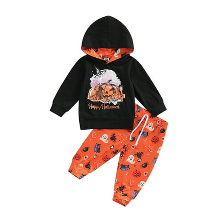 

jaweiw Baby Pants Outfits Set for Boys Girls Halloween Letter Pumpkin Print Long Sleeve Hoodie Tops + Ghost High Waist Stretch Pants 3-24M