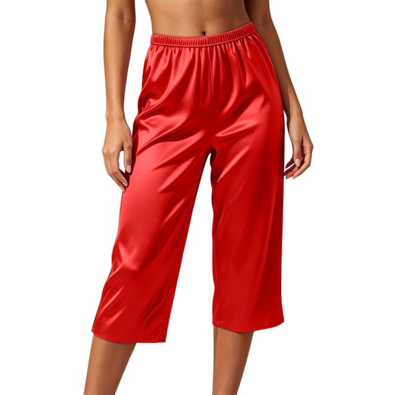 Fengactive Womens Silky Capri Pants Elastic High Waist Relaxed Wide Leg Cooling Lounge Sleepwear