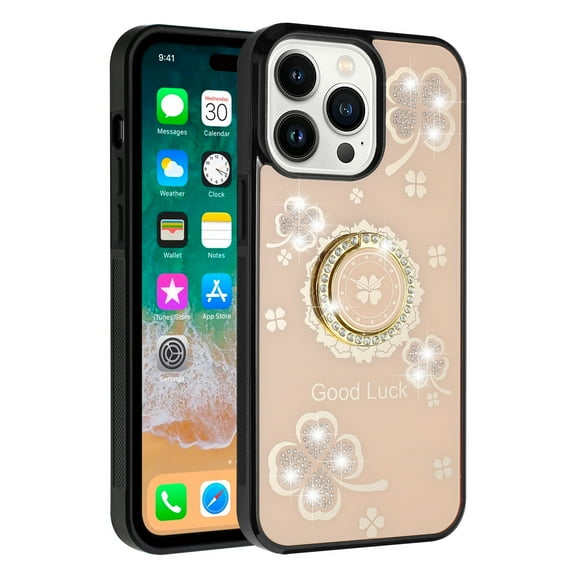 For Apple iPhone 15 (6.1") Diamonds 3D Bling Sparkly Glitter Ornaments Engraving Hybrid Metal Fashion Cover ,Xpm Phone Case [ Gold Good Luck Floral ]