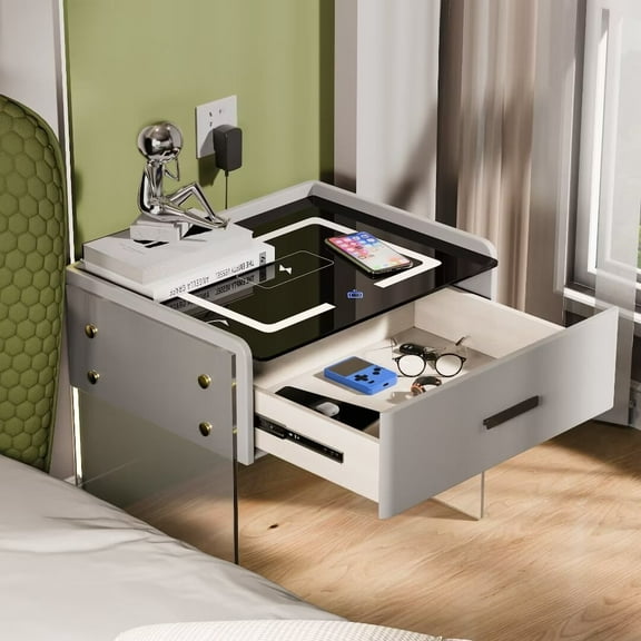 FINE MAKER Smart Nightstand Single Drawer Bedroom   Nightstand with Wireless Charging Tricolor LED   Lights Nightstand with Bluetooth Audio and   Sensor Lights
