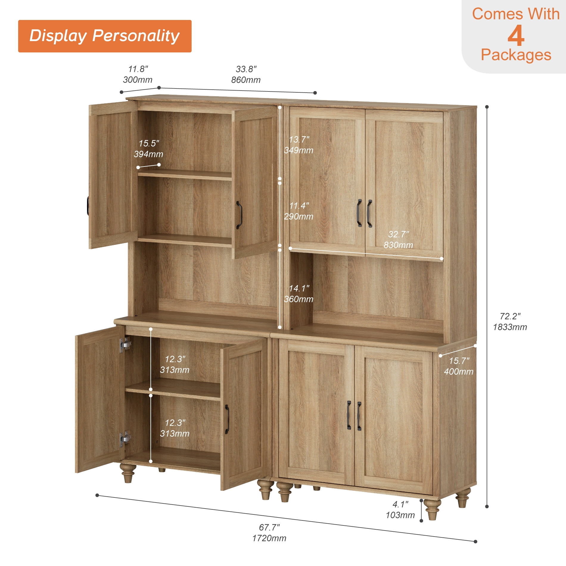 72"H Tall 5-Tier Bookcase with Wood Doors, Bookshelf with Adjustable Shelf, Farmhouse Library Wooden Bookshelves for Living Room, Office, Kitchen, Oak