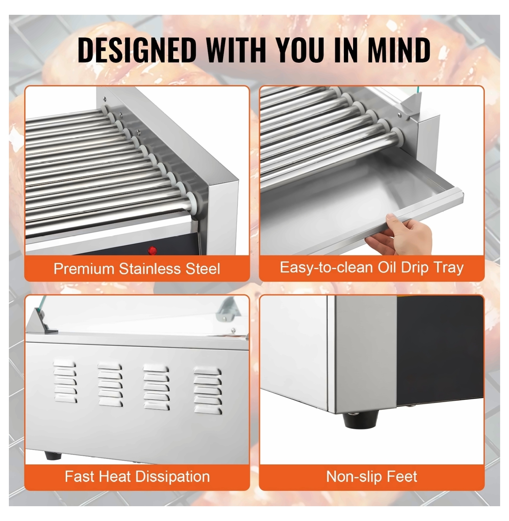 Hot Dog Roller Grill 11 Rollers 30 Capacity, 1650W Stainless Steel Sausage Cooker with Temp Control, Bun Warmer, Drip Tray, ETL Listed