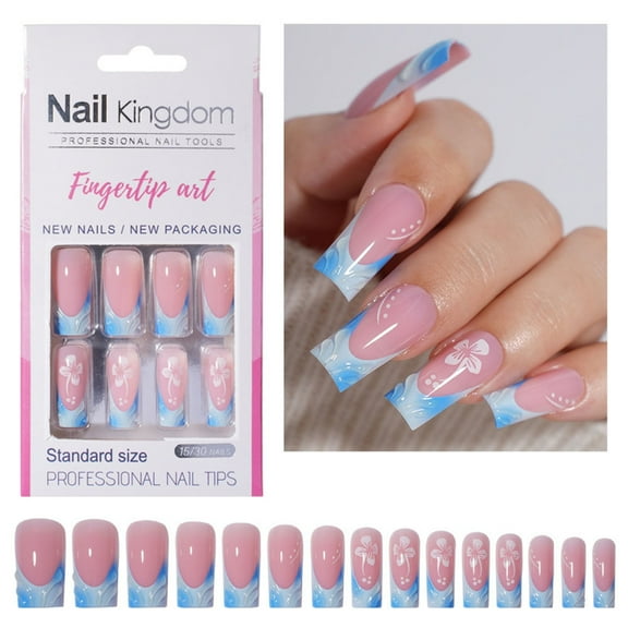 30pcs Glossy French Tip Press On Nails Long Square Shape Stick on Nails Manicure Glossy Acrylic False Nails For Women