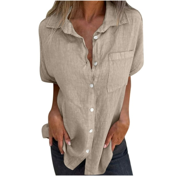 Vestidos Casuales Para Mujer, Blusas De Mujer De Moda Blusa de verano tipo túnica de lino con cuello en V, manga corta, botones sueltos y bolsillo para mujer