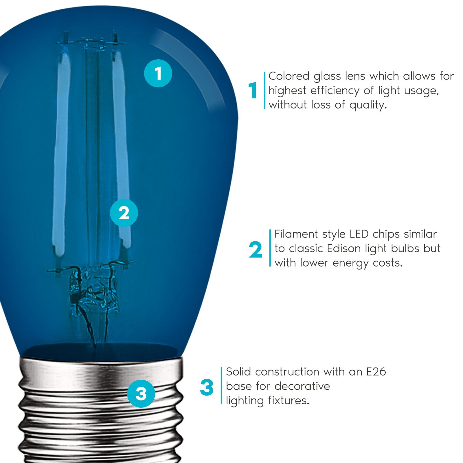 Luxrite S14 Edison LED Blue Light Bulb 0.5W Colored LED Bulbs for Outdoor String Lights UL Listed E26 Base 4 Pack