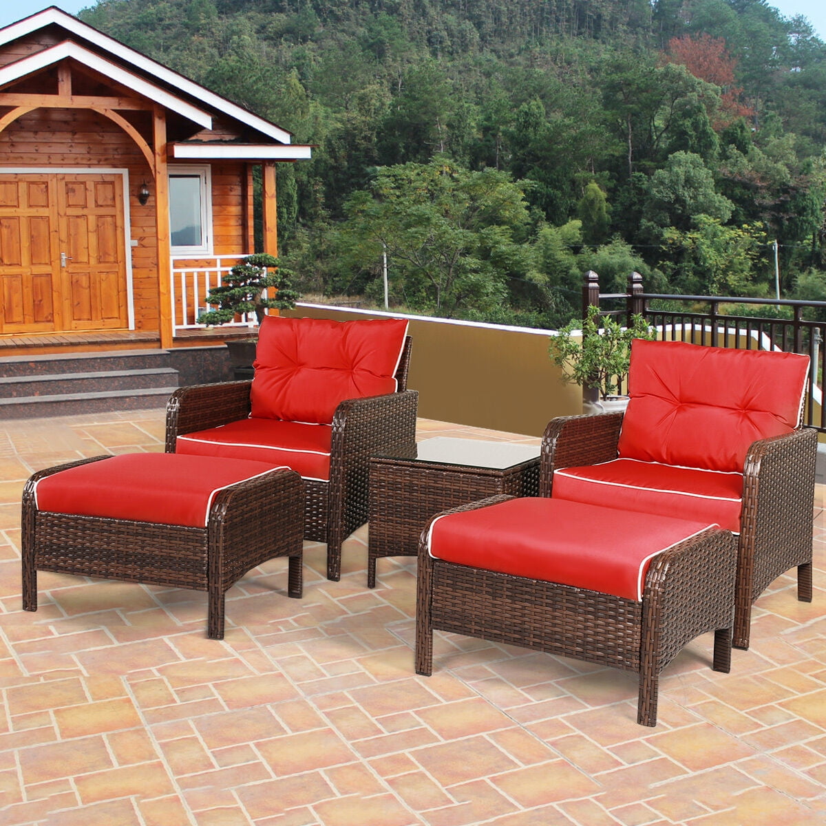 5PCS Patio Rattan Wicker Furniture Set Garden Sofa Ottoman W/ Red