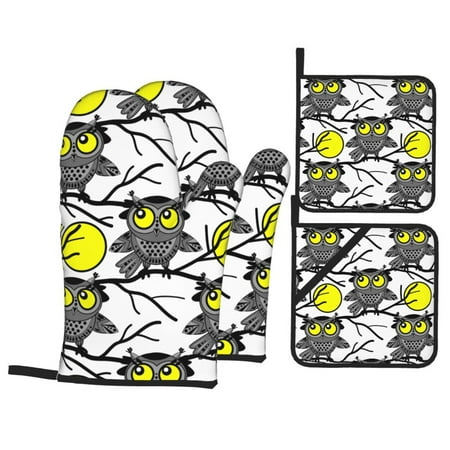 

Oven Mitts and Pot Holders Sets 4 pcs - Moon Owl - White Heat Resistant Silicone Oven Gloves with Non-Slip Silicone Surface and hot pads for kitchen Baking Cooking BBQ