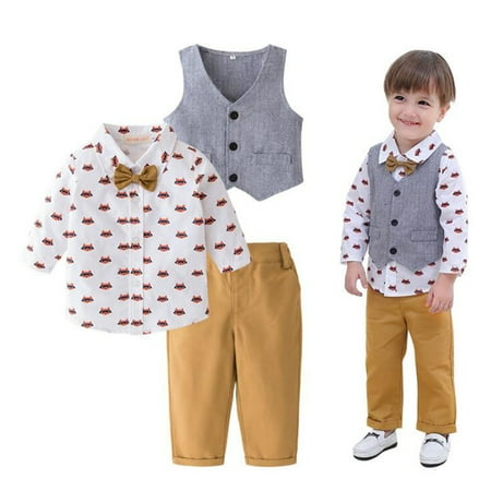

Bagilaanoe 3Pcs Newborn Baby Boy Gentleman Outfits Print Long Sleeve Romper Shirts with Bowtie + Waistcoat Tops + Trousers 6M 9M 12M 24M Infant Long Pants Set