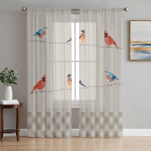 Sheer Curtains 72 Inches Long 2 Panels Set for Bedroom, Christmas Cardinal Semi Sheer Curtains for Windows, Vintage Winter Birds Brown Plaid Voile Window Treatments Rod Pocket Curtain