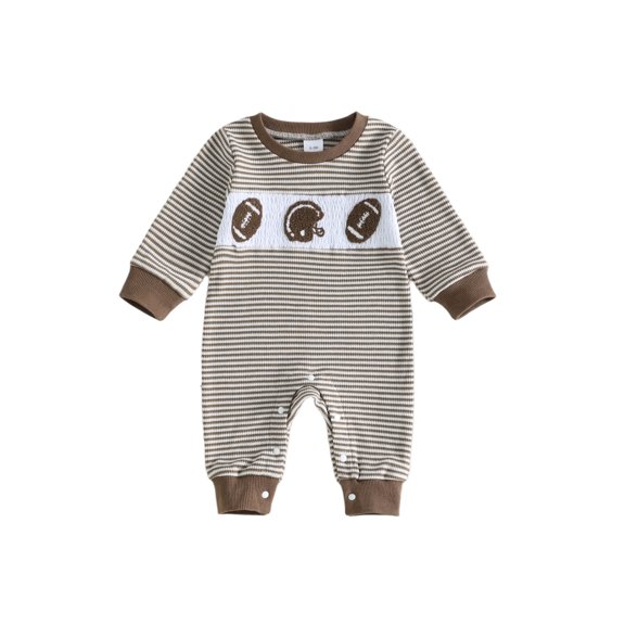 Cjfdfy Newborn Baby Boy Girl Game Day Fall Outfits Football Embroidery Waffle Striped Long Sleeve Jumpsuit Infant Cute My First Football Season Fall Winter Outfit