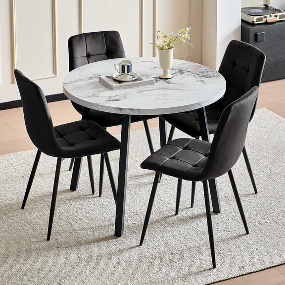 NORDICANA Industrial Kitchen Table Set for 4 with Black Chairs, 37" Round Dining Table and Velvet Room Chairs Upholstered, Small Dinette Set for Apartment, White Marble Look