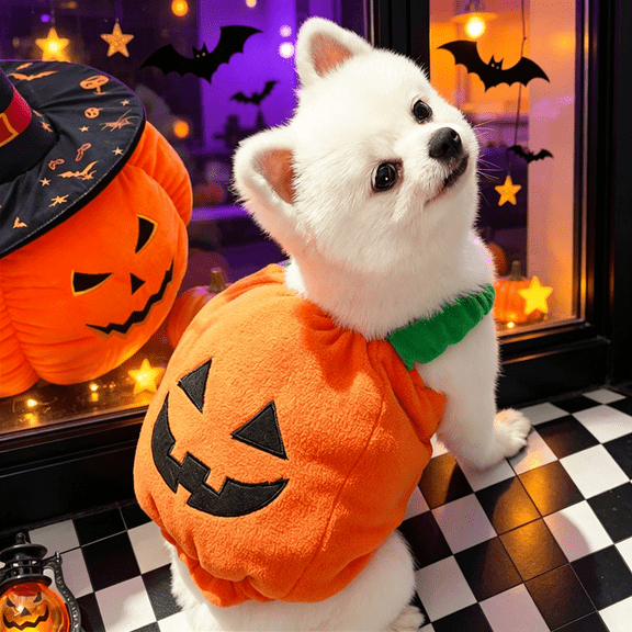 Pumpkin Dog Halloween Costume, Plush Orange Pet Pumpkin Dress Up Outfit, Funny Pet Cosplay Costume for Puppy, Small & Medium Dogs Cats Halloween Party