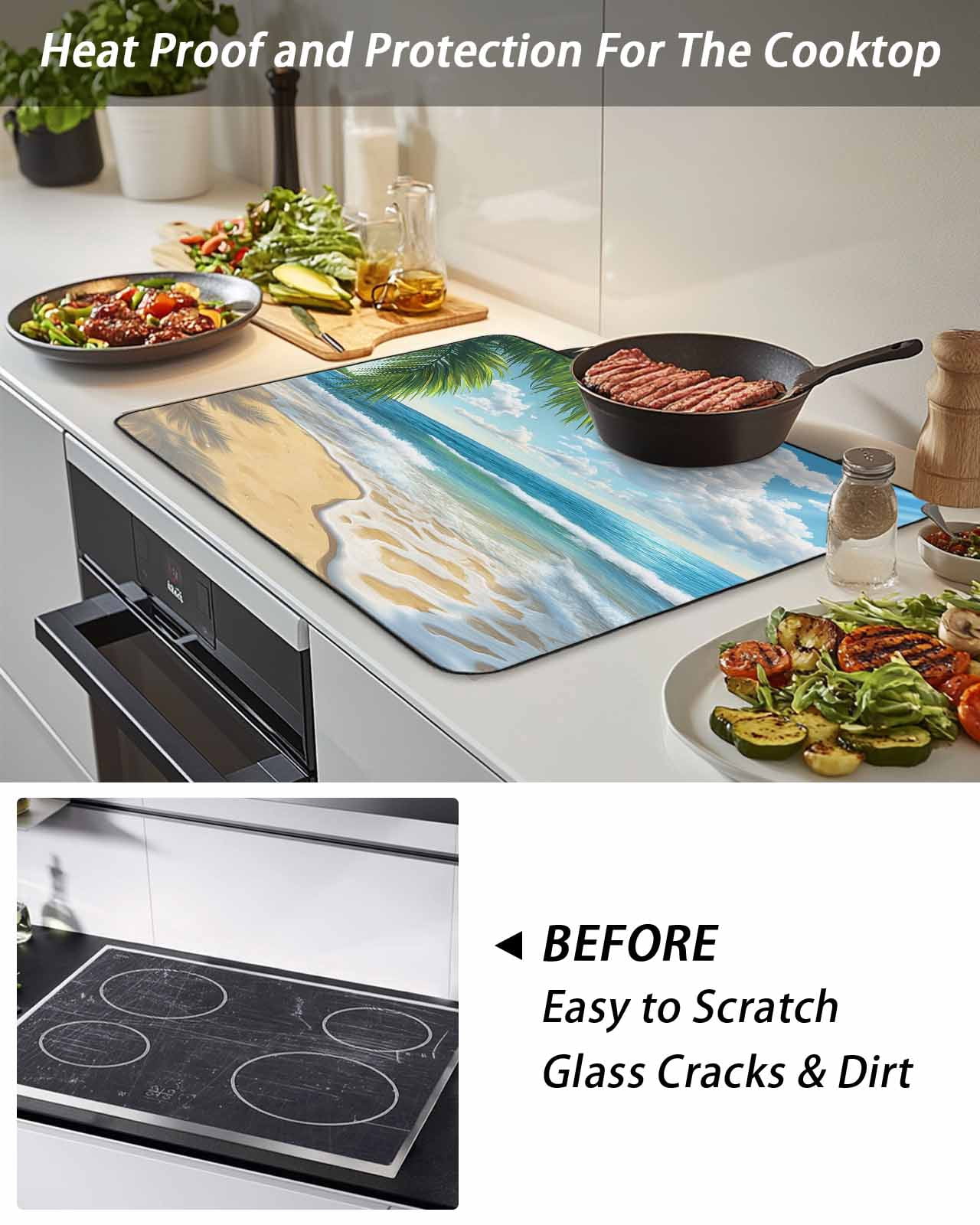 Stove Top Covers for Electric Stove, Summer Beach Glass Stovetop Cover Protector, Coastal Ocean Tropical Palm Trees Induction Cooktop Protector Oven Mat for Kitchen Countertop 24"x21"