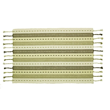Hand Woven Natural - Beauty Threadz- 4 Pack Salsa Stripe Hand Knotted Fringe Placemats - 13x19 - Natural Light Olive - 100% Cotton - Hand Woven by Skilled artisans - Unique Hand Knotted Decorative Fringe