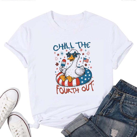 Chill The Fourth Out Goose Women's T-Shirt – Funny Patriotic 4th of July Tee, Cute USA Goose Graphic, Independence Day Top