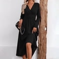 thumbnail image 4 of Guieoi Womens Dresses Long Sleeve Solid-Color High-Waisted Pleated V-Neck Dress Midi Dress Black L, 4 of 8