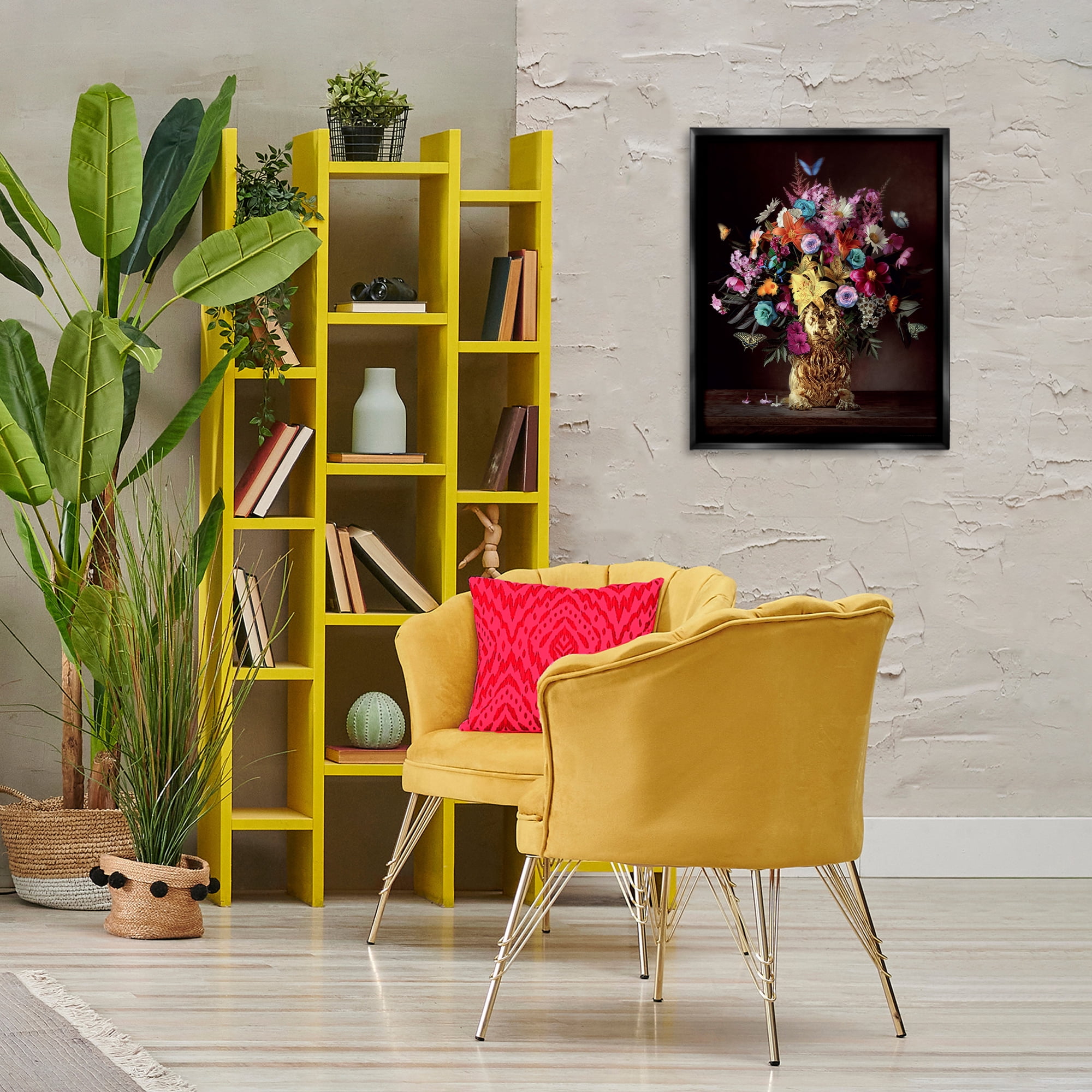 Stupell Industries Bouquet in Dog Vase Plants & Flowers Painting Black Floater Framed Canvas Art Print Wall Art, 17 x 21
