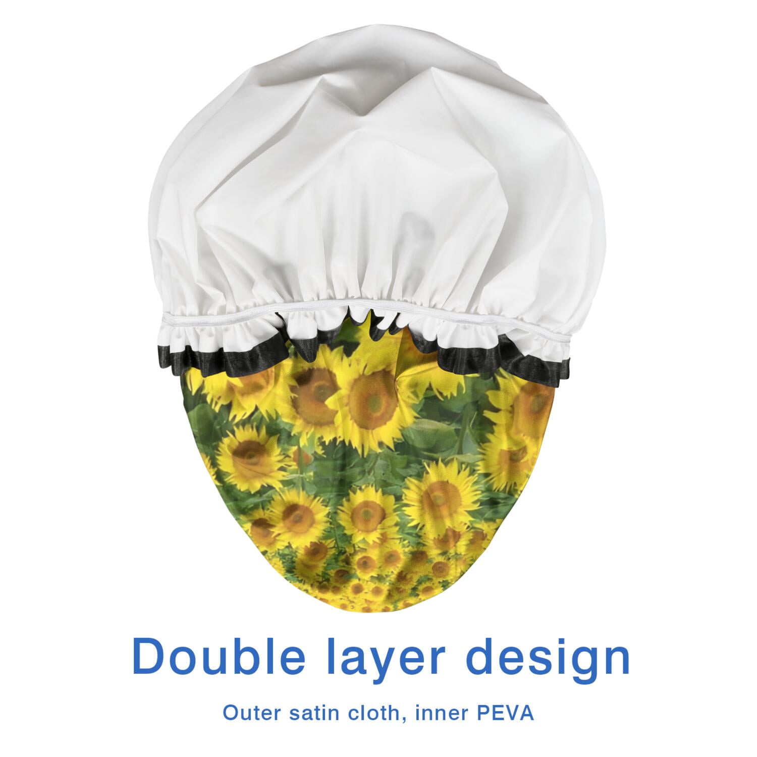 Shower Caps,Blue Sky Sunflower Field Pattern Waterproof Shower Cap for Women 4 Pieces,Double Reusable Hair Cover for Shower PEVA Elastic Stretch Hem