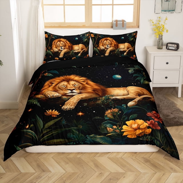Erosebridal Housse de Couette Lion Jungle Simple, Housse de Couette Animal de la Forêt Simple, Décoration Florale, Réversible (Sans Couette)